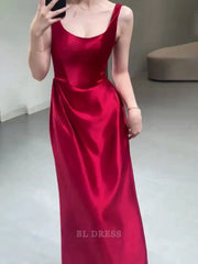 A line Straps Red Satin Long Floor Length formal dresses Bridesmaid Dresses evening gown Prom Dress