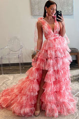 A Line V-NecK Tie Straps Floral Print Tulle Layered Long Prom Dress With Slit