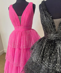 Ball Gown V Neck Tulle Tiered Prom Dresses With Slit Floor Length Sparkly