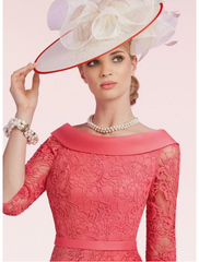 Mother of the Bride Dress Plus Size Neck Knee Length Satin Lace Half Sleeve with Sash Ribbon Bow(s) Split Front