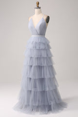 Dusty Blue A-Line Spaghetti Straps Tiered Floor Length Tulle Prom Dress V-neck