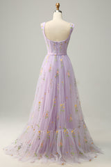A-Line Square Neck Embroidered Prom Dress Floor Length With Flowers