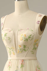 A-Line Square Neck Embroidered Prom Dress Floor Length With Flowers