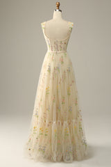 A-Line Square Neck Embroidered Prom Dress Floor Length With Flowers