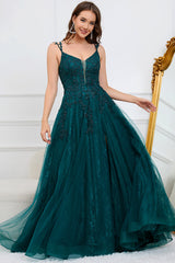 Dark Green A Line Spaghetti Straps Long Prom Dress with Appliques Floor Length With Slit