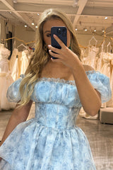 Light Blue Floral Print A-Line Off The Shoulder Tiered Prom Dress Floor Length Beautiful