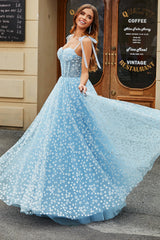 Sky Blue Ball-Gown Spaghetti Straps Corset Long Prom Dress With Floral Floor Length
