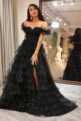 Sparkly Black A Line Long Corset Tiered Tulle Prom Dress With Slit Off Shoulder