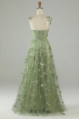 A Line Square Neck Corset Prom Dress with 3D Butterflies Floor Length Charming Evening Party Dress