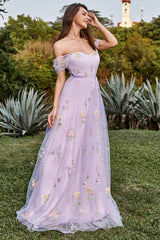 Lavender A Line Off The Shoulder Tulle Formal Dress With Embroidery Prom Dress With Flowers
