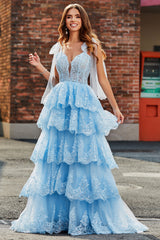Princess Light Blue Bow Tie Straps Sequin Tiered Tulle Long Sparkly Prom Dress Beautiful