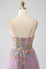 Mauve A-Line Spaghetti Straps Tulle Long Prom Dress With Embroidery With Flowers