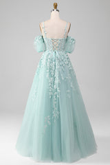 Ball-Gown Off The Shoulder Beaded Mint Prom Dress With Appliques Floor Length Beautiful