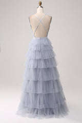 Dusty Blue A-Line Spaghetti Straps Tiered Floor Length Tulle Prom Dress V-neck