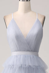 Dusty Blue A-Line Spaghetti Straps Tiered Floor Length Tulle Prom Dress V-neck