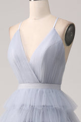 Dusty Blue A-Line Spaghetti Straps Tiered Floor Length Tulle Prom Dress V-neck