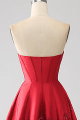 Elegant Princess A-Line Strapless Red Long Prom Dress with 3D Flowers Off Shoulder