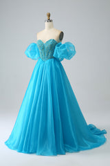 Blue Ball-Gown Sweetheart Beaded Corset Prom Dress with Detachable Sleeves Off Shoulder