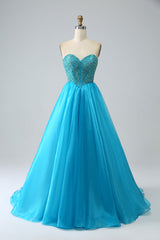 Blue Ball-Gown Sweetheart Beaded Corset Prom Dress with Detachable Sleeves Off Shoulder