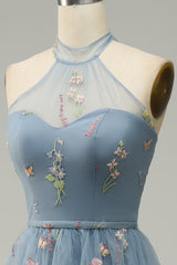 A Line Halter Floor Length Tulle Formal Dress with Embroidery Prom Dresses With Flowers
