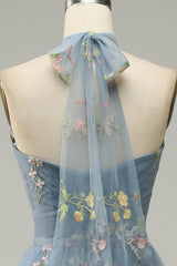 A Line Halter Floor Length Tulle Formal Dress with Embroidery Prom Dresses With Flowers