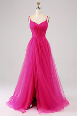 A-Line Spaghetti Straps Long Corset Fuchsia Prom Dress with Slit Pure Color