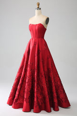 Elegant Princess A-Line Strapless Red Long Prom Dress with 3D Flowers Off Shoulder