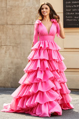 Fuchsia A-Line Deep V Neck Tiered Long Prom Dress With Slit Floor Length Sexy