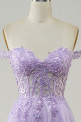Light Purple A-Line Off The Shoulder Long Corset Tulle Prom Dress with Lace Beautiful