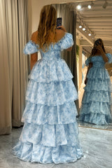 Light Blue Floral Print A-Line Off The Shoulder Tiered Prom Dress Floor Length Beautiful