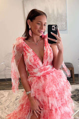 A Line V-NecK Tie Straps Floral Print Tulle Layered Long Prom Dress With Slit