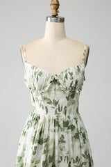 Green A-Line Spaghetti Straps Printed Floor Length Dress With Slit Beautiful