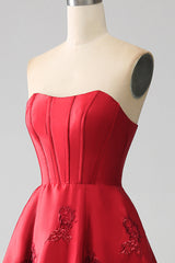 Elegant Princess A-Line Strapless Red Long Prom Dress with 3D Flowers Off Shoulder