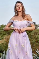 Lavender A Line Off The Shoulder Tulle Formal Dress With Embroidery Prom Dress With Flowers