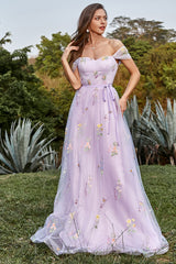 Lavender A Line Off The Shoulder Tulle Formal Dress With Embroidery Prom Dress With Flowers