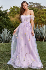 Lavender A Line Off The Shoulder Tulle Formal Dress With Embroidery Prom Dress With Flowers
