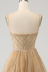 Glitter Golden A-Line Spaghetti Straps Corset Long Prom Dress with Flowers Sparkly