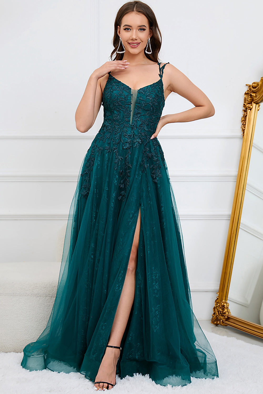 Dark Green A Line Spaghetti Straps Long Prom Dress with Appliques Floor Length With Slit