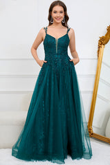 Dark Green A Line Spaghetti Straps Long Prom Dress with Appliques Floor Length With Slit