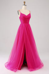 A-Line Spaghetti Straps Long Corset Fuchsia Prom Dress with Slit Pure Color