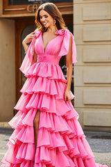 Fuchsia A-Line Deep V Neck Tiered Long Prom Dress With Slit Floor Length Sexy