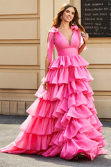 Fuchsia A-Line Deep V Neck Tiered Long Prom Dress With Slit Floor Length Sexy