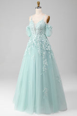 Ball-Gown Off The Shoulder Beaded Mint Prom Dress With Appliques Floor Length Beautiful