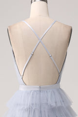Dusty Blue A-Line Spaghetti Straps Tiered Floor Length Tulle Prom Dress V-neck