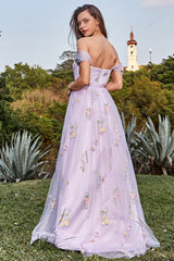 Lavender A Line Off The Shoulder Tulle Formal Dress With Embroidery Prom Dress With Flowers
