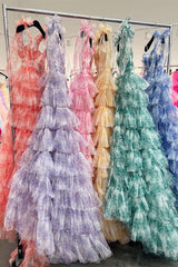 A Line V-NecK Tie Straps Floral Print Tulle Layered Long Prom Dress With Slit