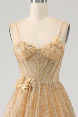 Glitter Golden A-Line Spaghetti Straps Corset Long Prom Dress with Flowers Sparkly