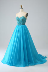 Blue Ball-Gown Sweetheart Beaded Corset Prom Dress with Detachable Sleeves Off Shoulder
