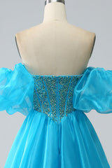 Blue Ball-Gown Sweetheart Beaded Corset Prom Dress with Detachable Sleeves Off Shoulder