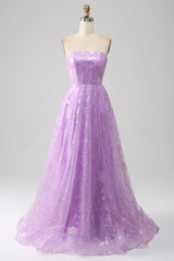 Lilac A Line Strapless Sparkly Sequin Long Prom Dress Off Shoulder Floor Length